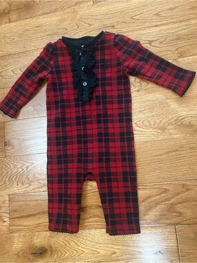 Polo Ralph Lauren Baby Girl Romper 3M Red Black Buffalo Plaid Ruffle